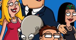 Characters from "American Dad" including Stan, Roger, and Steve, showcasing their comedic ensemble against a vibrant background.