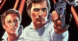 Buck Rogers and companion aiming futuristic blaster, surrounded by vibrant starburst in retro sci-fi style.