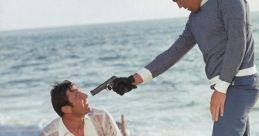 Dramatic scene from "On Her Majesty's Secret Service" featuring intense confrontation on the beach with a glamorous backdrop.