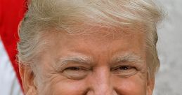 Donald Trump smiling in front of the American flag, wearing a blue tie and a suit, showcasing a confident demeanor.