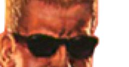 Duke Nukem character, sporting blonde hair and sunglasses, exudes confidence and attitude in a classic gaming style.