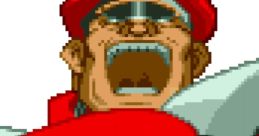 M. Bison from X-Men vs. Street Fighter, showcasing his powerful expression and iconic red outfit in pixel art style.