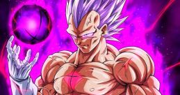 Vegeta in a powerful stance, showcasing immense strength and energy, surrounded by vibrant pink and black energy effects.