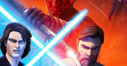 Anakin Skywalker and Obi-Wan Kenobi wield lightsabers, facing off against formidable foes in Star Wars: The Clone Wars - Season 7.