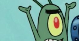 Plankton expressing frustration with exaggerated gestures in a vibrant underwater setting from a popular cartoon series.