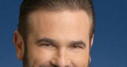 Billy Mays promoting OxiClean with a confident smile, wearing a blue shirt and showcasing the product's logo.