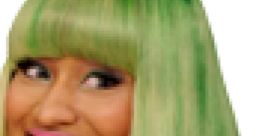 Nicki Minaj with vibrant green hair and bold makeup, showcasing her iconic style and playful personality.