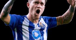 Otávio celebrating passionately in FC Porto jersey, showcasing team spirit and determination in football.