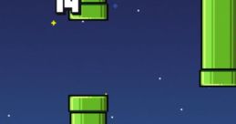 Flappy Bird gameplay showing green pipes and a score of 14 against a starry night background. Classic arcade-style charm.