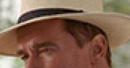 Arnold Schwarzenegger in a straw hat showcasing his intense character in "Collateral Damage," a thrilling action film.