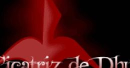 Graphic featuring the title "La Cicatriz de Dhux Dhux's Scar" with bold text and a striking red design, symbolizing the video game theme.