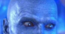 Mr. Freeze character with icy blue skin and sinister expression, portrayed by Arnold Schwarzenegger in a film.