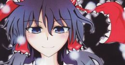 Illustration of a character with blue hair and a red bow, holding glowing light, themed around Touhou game series.