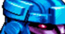 Close-up of a blue Sentinel head from "X-Men: Children of the Atom," showcasing its robotic features and menacing eyes.