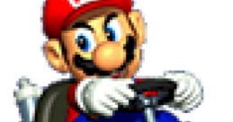 Mario racing in his iconic go-kart from Mario Kart 64, featuring vibrant colors and classic 90s video game style.