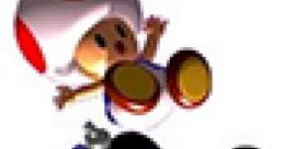 Toad celebrates a victory in Mario Kart 64, jumping happily next to his colorful kart and wheels.