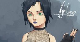 Stylish illustration of a woman with short black hair, striking green eyes, dressed in a sleek black outfit and smoky ambiance.