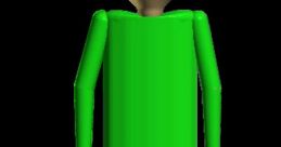 Green character with a simplistic design and blue pants, featured in the Baldi Basics song, embodying fun learning behavior.