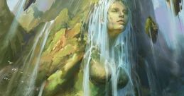 Gaia art from God of War 2, featuring a serene goddess with vibrant waterfalls and lush scenic landscapes.