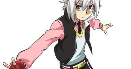 Shu Kurenai from Beyblade Burst, dynamic pose, white hair, red eyes, stylish outfit, showcases his competitive spirit.