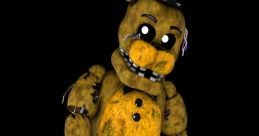 Withered Golden Freddy stands ominously, showcasing his worn appearance and eerie features in a dark environment.