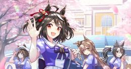 Cheval Grand from Uma Musume Pretty Derby joyfully waves amid cherry blossoms in a vibrant school setting.