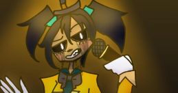 Cassidy from FNAF, in a vibrant yellow outfit, singing with a microphone under dramatic lighting. Fanmade character art.