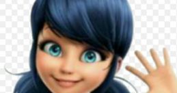 Marinette from Miraculous Ladybug waving, showcasing her iconic look in Hindi version, vibrant blue hair and cheerful expression.