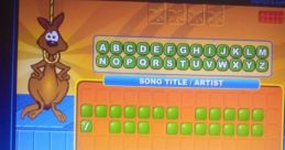 Interactive Hangaroo game screen showing letters and spaces for song title guessing with a cartoon kangaroo character.