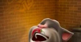 Talking Tom character humorously screaming with a chili pepper on its nose, set in a funky brick wall background.