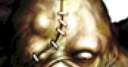 Close-up of Nemesis from Resident Evil 3, showcasing its terrifying design with stitched features and menacing grin.