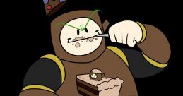 Woodman from SiIvaGunner enjoying birthday cake, wearing a party hat and playfully eating with a fork.