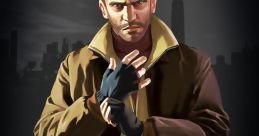 Niko Bellic from GTA IV, depicted in his iconic jacket, showcasing his tough demeanor against a city skyline backdrop.