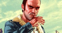 Trevor Philips, in a denim jacket with bloodstains, exudes a menacing aura in a vibrant gaming landscape.