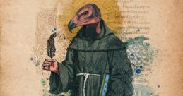 Artwork depicting a mysterious figure with a bird's head, holding a feather, inspired by medieval themes and symbolism.