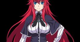 Rias Gremory from High School DxD, showcasing her iconic red hair and stylish outfit with a confident pose.