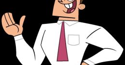 Timmy Turner's dad from The Fairly OddParents, smiling and waving in a white shirt and tie, showcasing his playful personality.