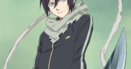 Yato from Noragami poses confidently with his sword, showcasing his stylish outfit and trademark scarf.