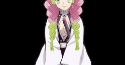 Mitsuri Kanroji from Kimetsu No Yaiba, featuring her iconic pink and green hair, striking a cute pose in her uniform.