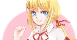 Cheerful anime character with blonde hair, blue eyes, and a red checkered uniform, set against a pink background.