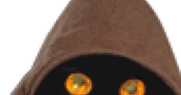 Close-up of a Jawa from Star Wars, featuring glowing orange eyes and a distinctive brown hooded robe.