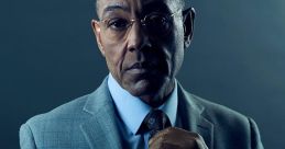 Giancarlo Esposito as Gustavo Fring, dressed sharply in a suit, exudes confidence in a dramatic, moody lighting.