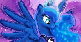 Princess Luna gracefully soars against a vibrant purple background, showcasing her enchanting wings and magical aura.