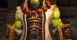 Thrall from World of Warcraft, featuring iconic green skin, tribal armor, and ceremonial accessories, stands confidently.