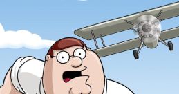 Peter Griffin runs from a plane in a humorous scene, showcasing his iconic clumsiness in a modern cartoon style.