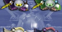 Colorful Brawl Meta Knight variants showcasing unique designs and weapons against a blue backdrop.