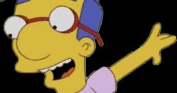 Milhouse Van Houten from The Simpsons, smiling and waving, in a pink shirt and red shorts, showcasing his playful personality.