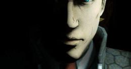 Close-up of Handsome Jack from Borderlands, showcasing his striking blue eyes and iconic attire against a shadowy backdrop.