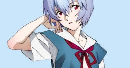 Ayanami Rei in a blue school uniform with a red bow, striking a thoughtful pose against a light blue background.