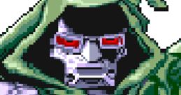 Dr. Doom in a classic pixel art style, showcasing his iconic green hood and metallic features from Marvel Super Heroes.